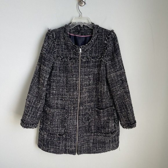 J Crew Tweed Swing Lady Coat in Raven Black Fringed Trim - Picture 1 of 8